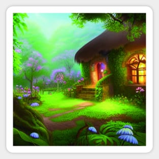 Fantasy Green House In a Greenery Scene, Fantasy Cottagecore artwork Sticker